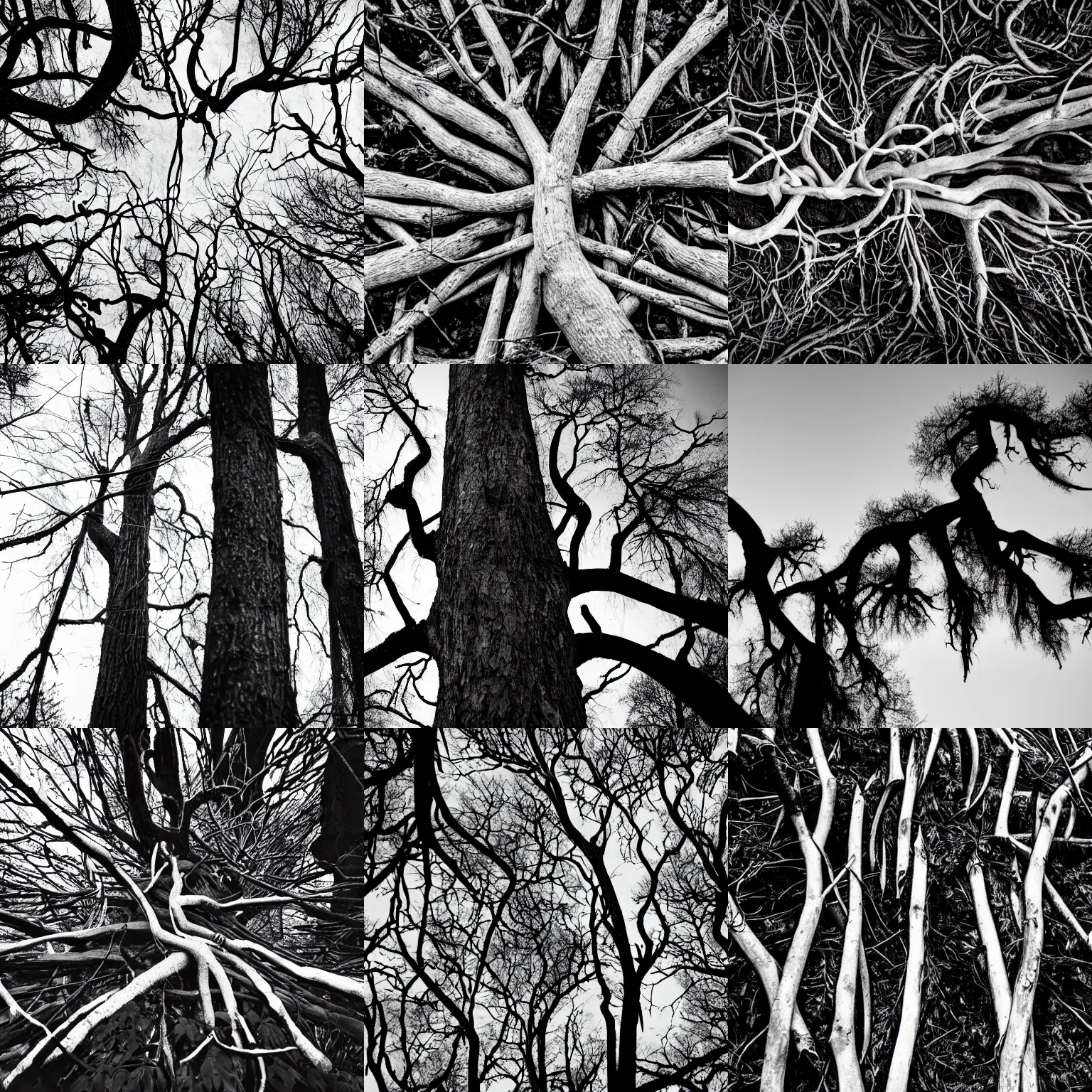 Prompt: deathmetal band name from tree branches, dark, black and white