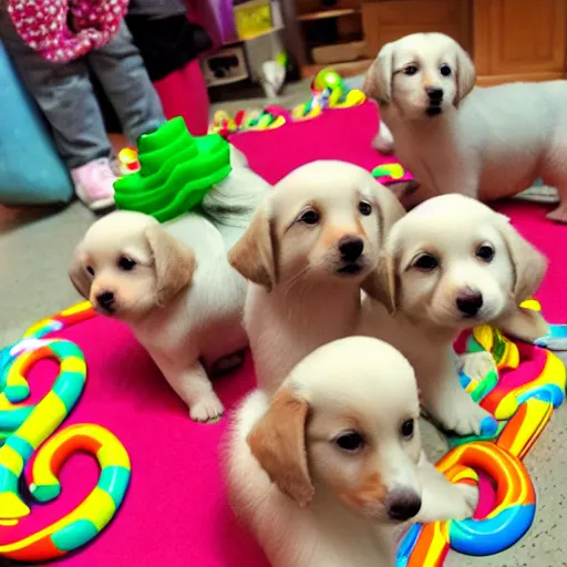 Image similar to candy land with a bunch of small puppies