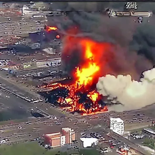 Image similar to bleve explosion, fireball, fireball explosion, 2 4 0 p footage, 2 0 0 6 youtube video, helicopter footage over city, gas station explosion