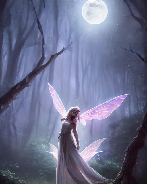 Image similar to attractive fairy goddness fly high in the night, d & d, fantasy, mist, full moon in background, trees, hyper detailed, art by artgerm and greg rutkowski and magali villeneuve, midium shot, 8 k realistic, cryengine, digital painting, trending on artstation, concept art, sharp focus, illustration,