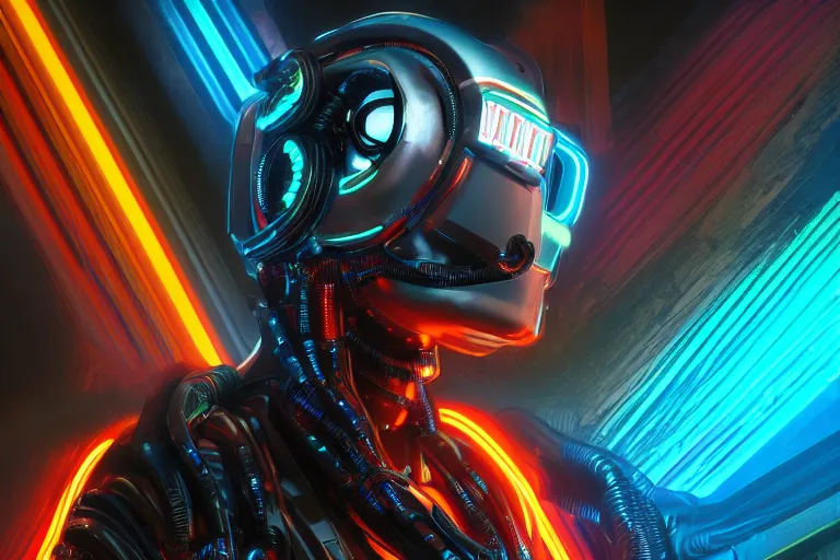Prompt: high octane 4K 3D render of a smooth simple vector art cyberpunk humanoid futuristic sci-fi robot, neon lights, metallic, in the style of Daniel Dociu, dramatic lighting, vibrant colors, Trending on Artstation HQ, 4K, UHD, High quality, Unreal Engine