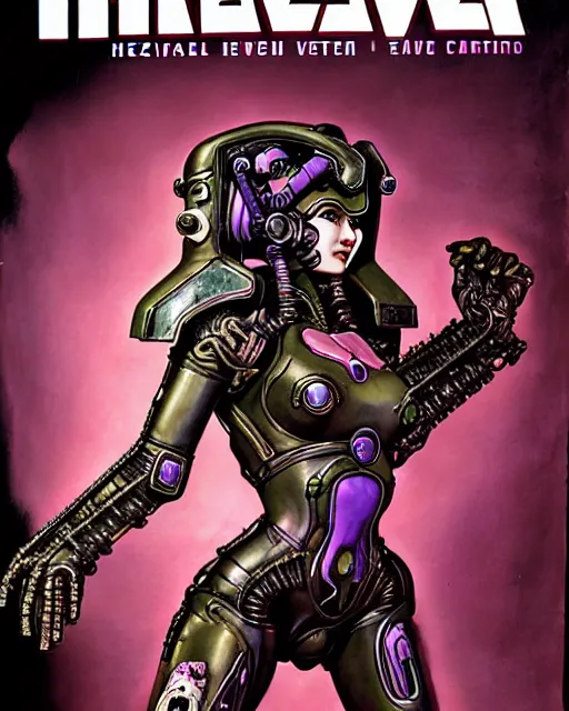 Prompt: d. va from overwatch, heavey metal magazine cover, in the style of r. giger, frank frazetta, esteban maroto, richard corben, pepe moreno, matt howarth, stefano tamburini, tanino liberatore, luis royo and alex ebel