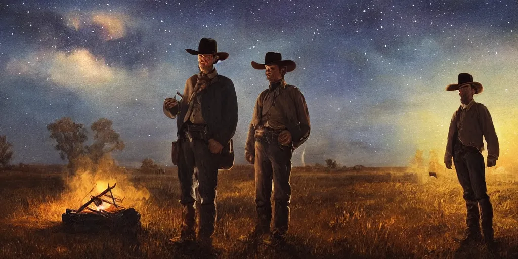 Image similar to in the old west, at a campfire at night, close up portrait of one sleeping bandit scoot mcnairy ( ( alone ) and wide shot of one thomas brodie - sangster ( ( alone ) ) watches the stars and his horse grazes, in the style of fredrick remington, oil painting, warm color palate, astral