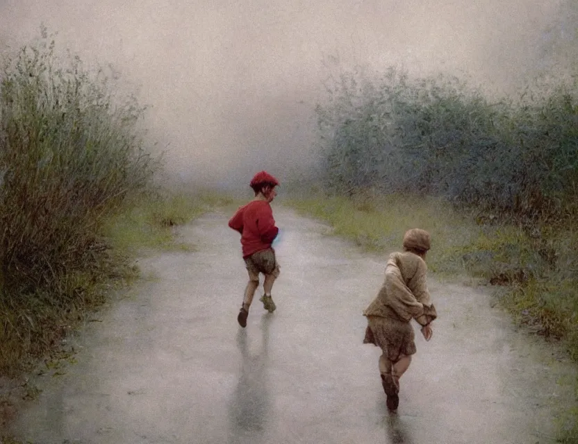 Prompt: peasant boy running under the rain, cottage core, cinematic focus, polaroid photo bleached vintage pastel colors high - key lighting, soft lights, foggy, by steve hanks, by lisa yuskavage, by serov valentin, by tarkovsky, 8 k render, detailed, oil on canvas