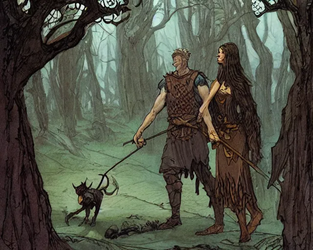 Prompt: an award - winning mtg illustration copyright wizards of the coast of cuchulainn the hero taking cuchullain for a walk, by rebecca guay and charles vess