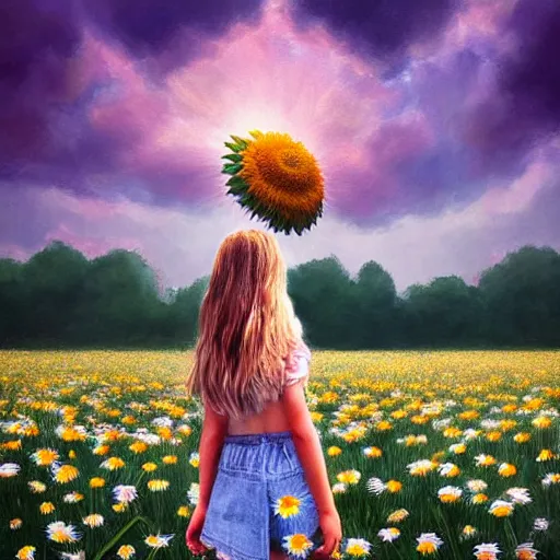 Image similar to head made of giant daisies, girl standing barefoot in a vast flower field, surreal photography, sunrise dramatic light, impressionist painting, colorful clouds, large sky, digital painting, artstation, simon stalenhag, flower face