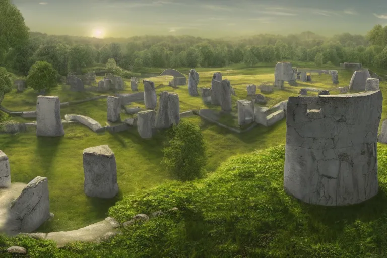 Image similar to White monolithic henge surging with magic at the bottom of green hills surrounded by a moat, clear blue skies in the background, by Thomas Kincade, Richard Sigamani, 8k photorealistic, cinematic lighting, HD, high details, dramatic, trending on artstation