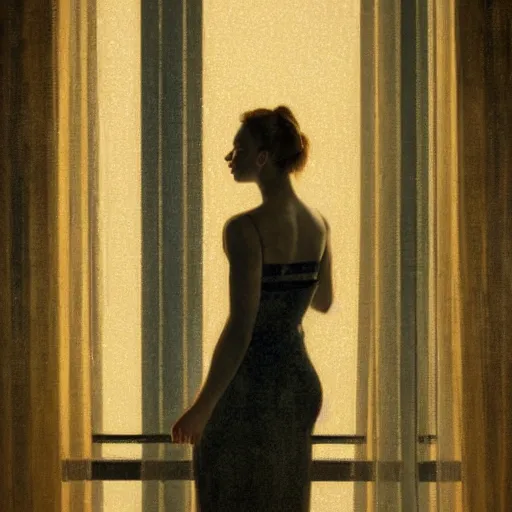 Prompt: silhouette of a Elle Fanning gazing out her hotel window at the rain, extremely detailed masterpiece, oil on canvas, low-key neon lighting, artstation, by J. C. Leyendecker and Peter Paul Rubens,