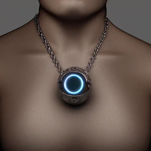 Prompt: 3 d silver beserk behelit pendant with glowing eyes, futuristic jewelry on wheat chain necklace, high definition, octane render, studio lighting