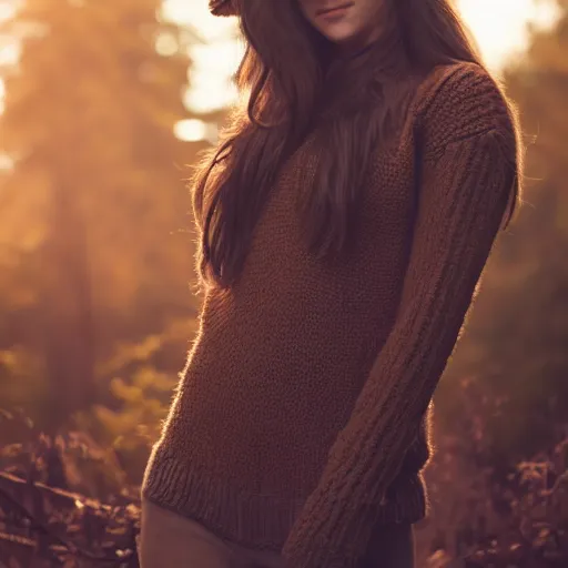 Image similar to real life photo of a beautiful girl, full body photoshoot, long brown hair, brown eyes, full round face, short smile, wool sweater belly free, forest setting, cinematic lightning, medium shot, mid - shot, highly detailed, trending on artstation, unreal engine 4 k, 8 0 mm, 8 5 mm, cinematic wallpaper