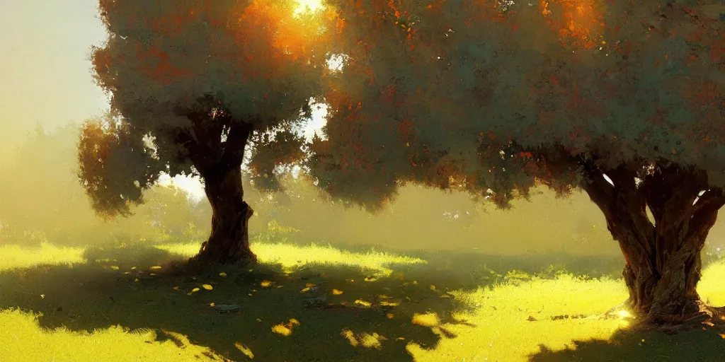 Image similar to digital art painting of a single tree in the middle of a front yard painted by craig mullins and gaston bussiere and greg rutkowski