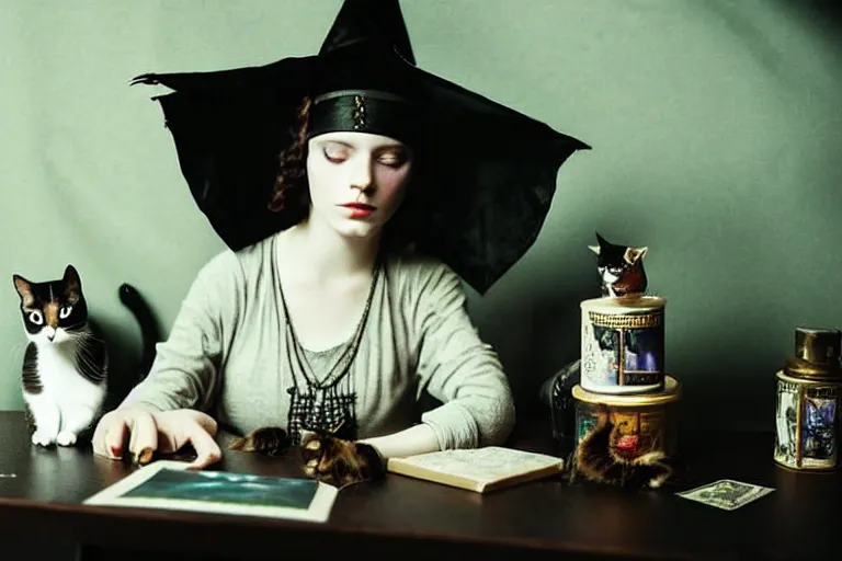 Image similar to close up portrait, dramatic lighting, concentration, calm confident teen witch and her cat, tarot cards displayed on the table in front of her, sage smoke, magic wand, a witch hat cloak, apothecary shelves in the background 1 9 2 0's photo, damaged film