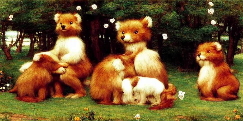 Image similar to 3 d precious moments plush animal, realistic fur, mythology, daily life, master painter and art style of john william waterhouse and caspar david friedrich and philipp otto runge