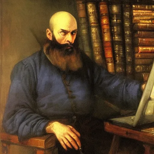 Prompt: A library lit by a computer monitor with a young bald man with medium length brown beard and vibrant blue eyes sitting with gloom and depression by Jan Matejko. Dark.