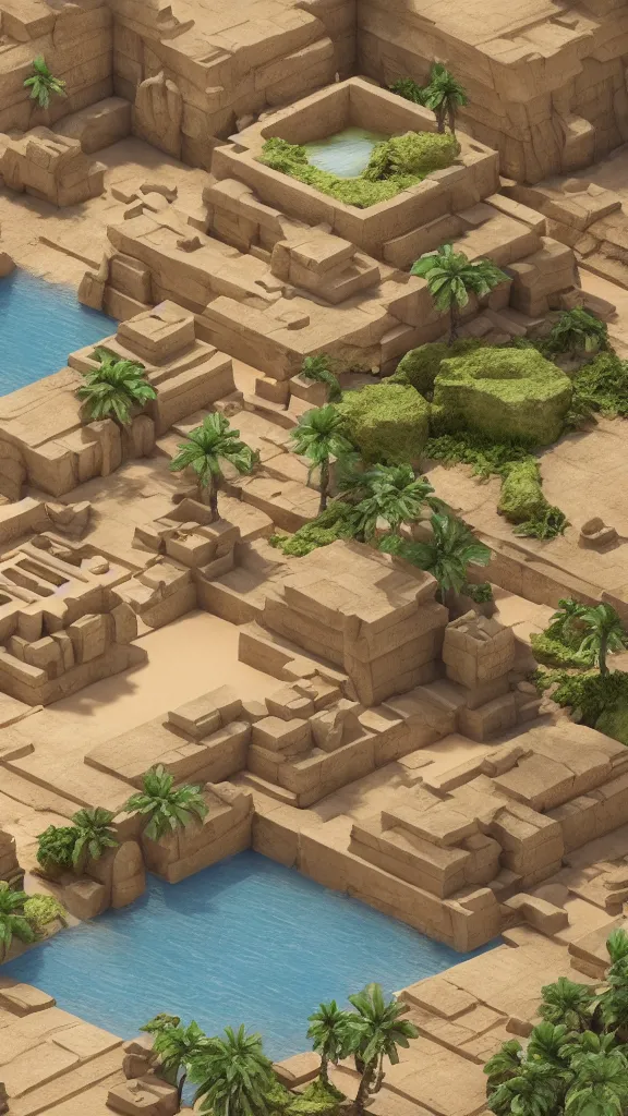 Image similar to matte 3 d scene of a desert temple on a floating island oasis, lat lighting, isometric perspective on tropical beach background, soft shadows, 3 d render, raytracing,