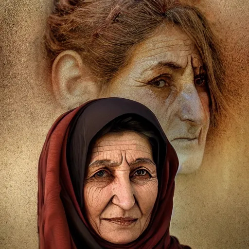 Image similar to hyperrealistic mixed media high resolution image of a beautiful Kurdish grandmother, stunning 3d render inspired art by István Sándorfi and Greg Rutkowski and Unreal Engine, perfect symmetry, dim volumetric lighting, 8k octane beautifully detailed render, post-processing, extremely hyper-detailed, intricate, epic composition, highly detailed attributes, highly detailed atmosphere, full body shot, cinematic lighting, masterpiece, trending on artstation, very very detailed, masterpiece, stunning, flawless structure, lifelike texture, perfection,