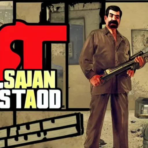 Prompt: saddam hussein pointing a gun at person in GTA V loading screen, HD