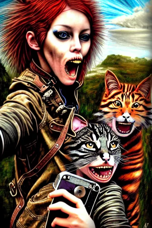 Prompt: punk rock girls making selfie mouth open with kind cats in jungle , mad max jacket, post apocalyptic, renaissance, highly detailed, digital painting, oil painting by Leonardo Da Vinci, hyper realistic style, fantasy by Olga Fedorova