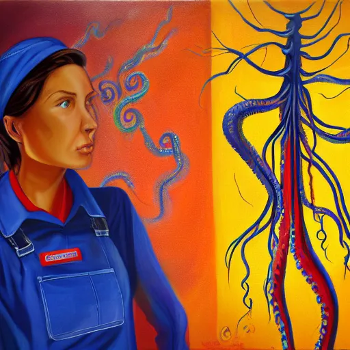 Prompt: a slender woman in a blue factory worker's overalls face looking down at the floor eyes sad tentacles instead of hands, the red glow of fire in the background, hyperrealistic painting, figurative art, poster art