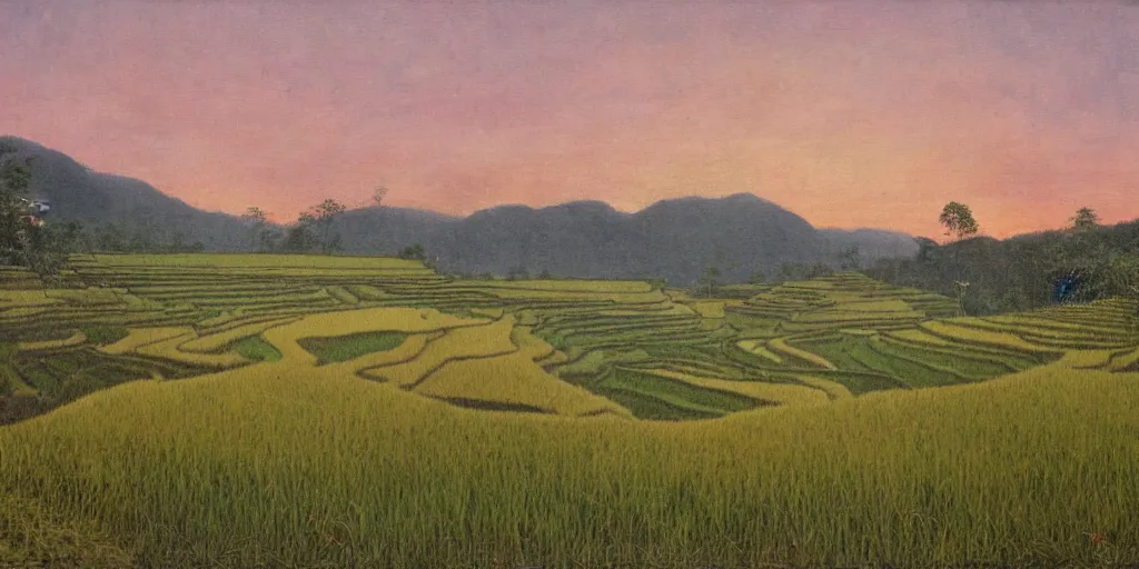 Prompt: painting of a rice terrace in the evening