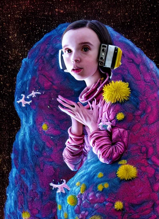 Prompt: hyper detailed 3d render like a Oil painting - kawaii portrait in spaceship (an astronaut girl with suit like a skeksis from dark crystal that looks like millie bobby brown and Krysten Ritter) seen Eating of the Strangling network of yellowcake aerochrome and milky Fruit and His delicate Hands hold of gossamer polyp blossoms bring iridescent fungal flowers whose spores black the foolish stars by Jacek Yerka, Ilya Kuvshinov, Mariusz Lewandowski, Houdini algorithmic generative render, Abstract brush strokes, Masterpiece, Edward Hopper and James Gilleard, Zdzislaw Beksinski, Mark Ryden, Wolfgang Lettl, hints of Yayoi Kasuma, octane render, 8k