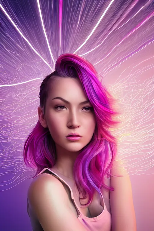 Image similar to a award winning half body portrait of a beautiful woman in a croptop and cargo pants with ombre purple pink teal hairstyle and hands in pockets by ari liloan, surrounded by whirling illuminated lines, outrun, vaporware, shaded flat illustration, digital art, trending on artstation, highly detailed, fine detail, intricate