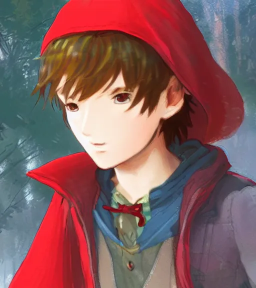 Image similar to attractive little boy character inspired in little red riding hood and cinderace, digital artwork made by akihiko yoshida and makoto shinkai