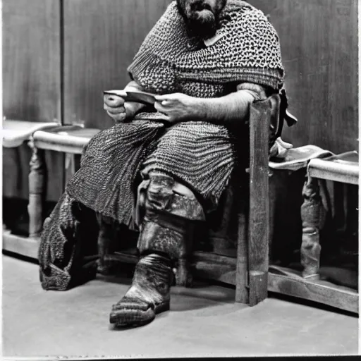 Image similar to a man wearing full chainmail, sitting in waitin room, film still