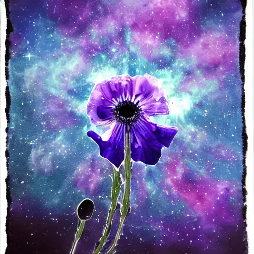 Image similar to detailed, intricate blue black and purple papaverum flower on the field, nebula, galaxy in the sky