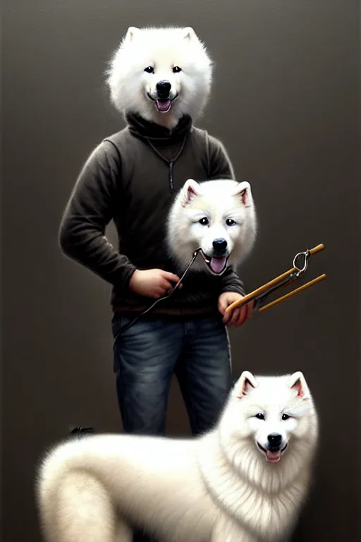 Image similar to pet samoyed with equipment, portrait by anna podedworna and greg rutkowski