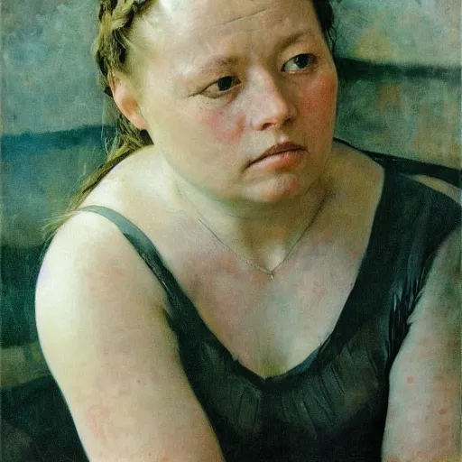 Prompt: a stunning masterful portrait of a confident down syndrome woman with braided hair by andrew wyeth, john singer sargent, and norman rockwell, natural light, oil painting, ethereal, wong kar wai, strong brushwork