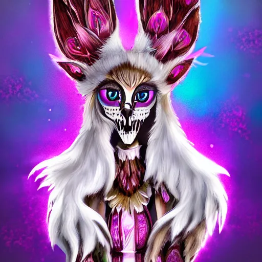 Prompt: stylized skeletal fox character, long fluffy fur, skull shaped face, mage clothes inspired by a peacock, 9 brilliant peacock tails, painted by stephen silver, sparkles, pink cloud background, vhs effect, dnd beyond, fae, neon
