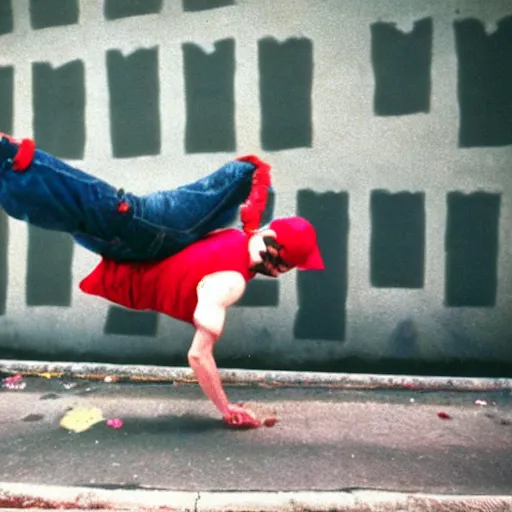 Prompt: 1990s candid photography of ugly dork wearing a fez hat breakdancing in public, cinematic, film grain, ultraviolet graffiti on walls