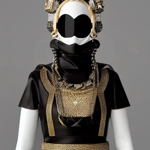 Image similar to portrait of masked dune dynasty with chanel clothes, white background, chanel logo, 8 k, symmetrical, 3 d render, octane render, insane details