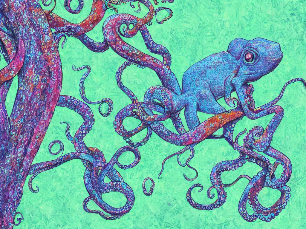 Image similar to chameleon on tree and octopus seen in the lake under the tree, high detail, highly abstract, digital art, 4 pastel colors