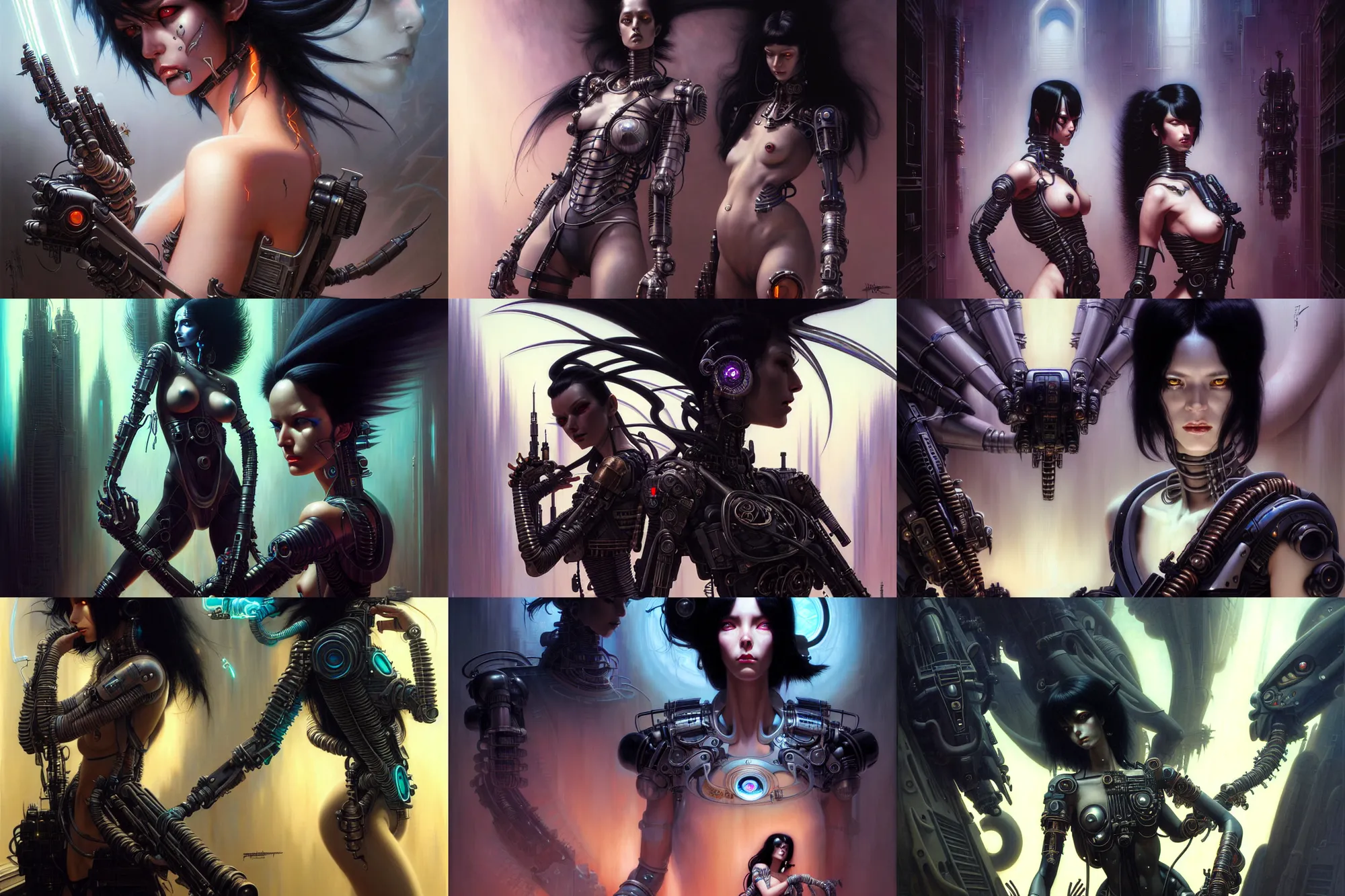Image similar to jet black haired cyberpunk girl, dramatic lighting, ultra realistic, intricate details, the fifth element artifacts, highly detailed by peter mohrbacher, allen williams, hajime sorayama, wayne barlowe, boris vallejo, aaron horkey, gaston bussiere,