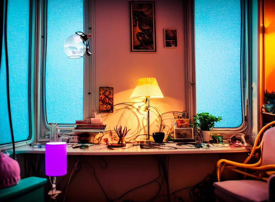 Image similar to telephoto 7 0 mm f / 2. 8 iso 2 0 0 photograph depicting the feeling of chrysalism in a cosy cluttered french sci - fi ( art nouveau ) cyberpunk apartment in a pastel dreamstate art cinema style. ( aquarium, computer screens, window ( city ), leds, lamp, desk ( ( ( armchair ) ) ) ), ambient light.