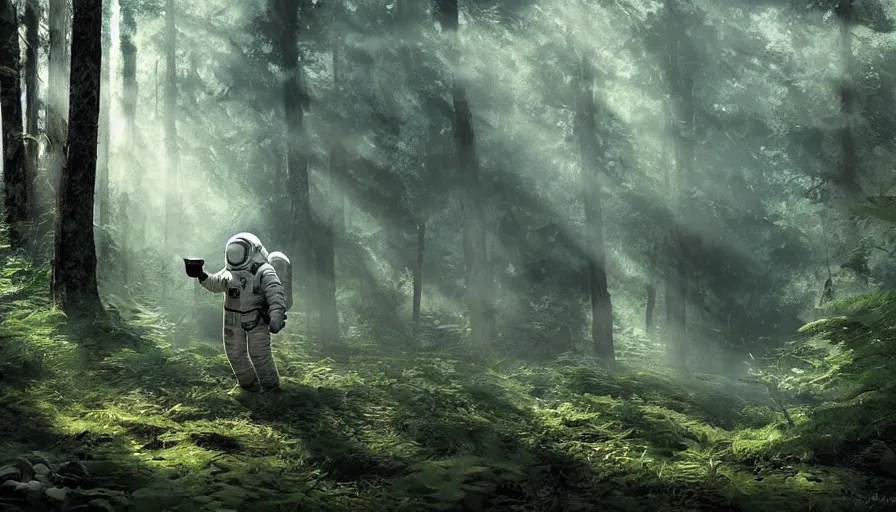 Image similar to american astronaut in the forest, plants environment, wide angle, cinematic lighting, atmospheric, realistic, octane render, highly detailed, in the style of craig mullins