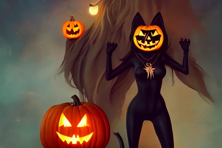 Image similar to portrait of black cat standing next to a jack - o - lantern, halloween night, charlie bowater, artgerm, ilya kuvshinov, krenz cushart, ruan jia, realism, ultra detailed, 8 k resolution