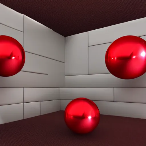 Prompt: chrome spheres on a red cube, rim lighting