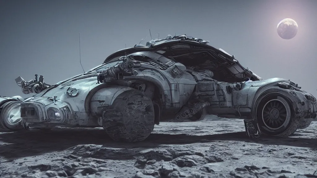 Prompt: a 3 d render of a cyberpunk car on the moon, 8 k, realistic, dynamic, artstation, digital art