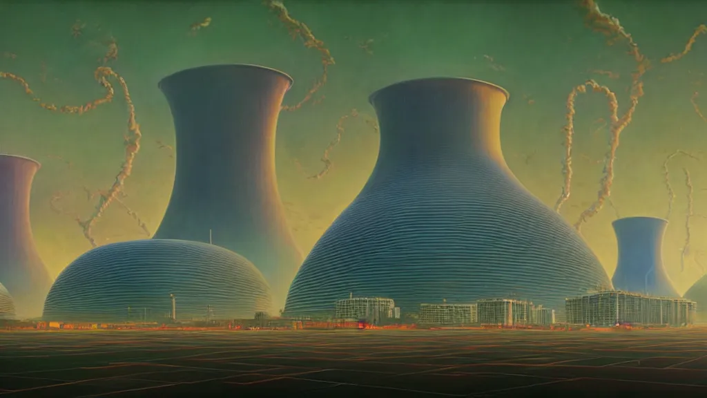 Image similar to Epic Clean Nuclear Plant emerge from the futurist utopia; by Oswaldo Moncayo and Vincent Callebaut; by Simon Stålenhag, oil on canvas; Art Direction by James Cameron; Location: Quito Ecuador 4K, 8K; Ultra-Realistic Depth Shading