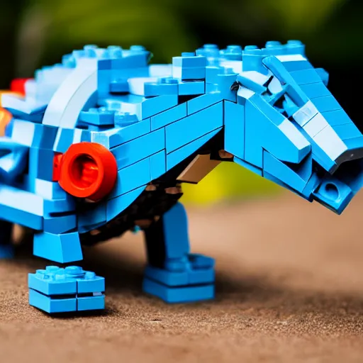 Image similar to lego mini build of a blue dancing dinosaur, product photography, depth of field