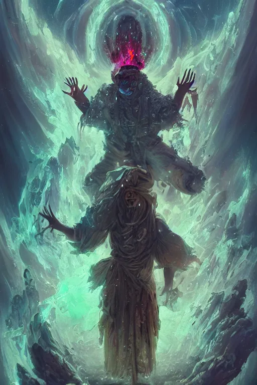 Prompt: the look of an elderly person, necromancer, witch - doctor covered with ice exploding into fire, imperfections, holding electricity highly detailed, high contrast, light reflection, trippy, nebula, trending on artstation by artgem, by peter mohrbacher, by wlop, by ruan jia