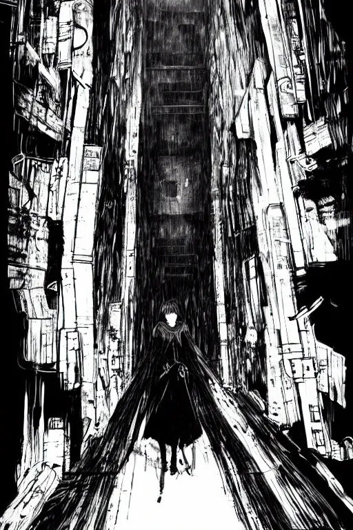 Prompt: beautiful coherent award-winning manga cover art of a mysterious lonely anime woman traversing an endless concrete hallway, by tsutomu nihei