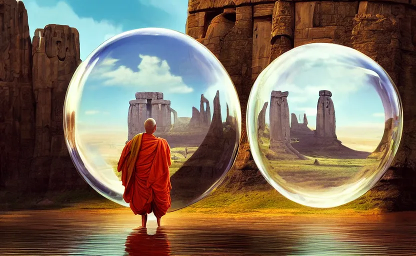 Prompt: a scary hyperrealist painting of an indian monk in a giant transparent bubble from howl's moving castle ( 2 0 0 4 ) in a flooded monument valley stonehenge jungle. depth perception, 4 k, artstation, in the style of studio ghibli