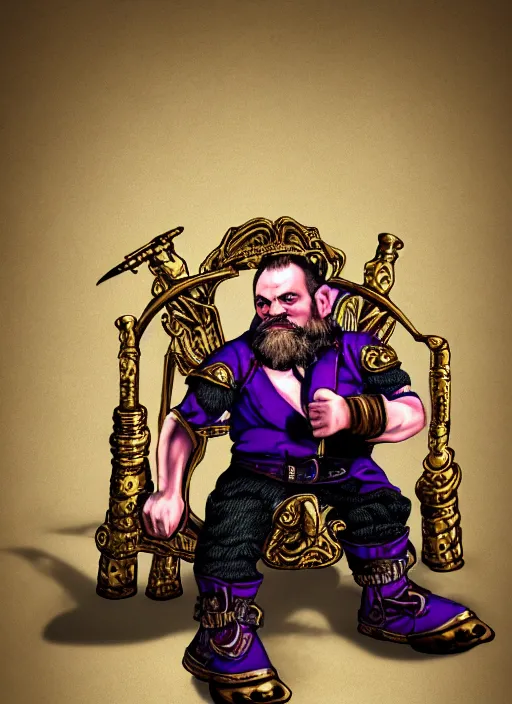 Image similar to dwarf fighter sitting in mechanical chair that has spider legs, gold and purple, exquisite details, black beard, white background, by studio muti