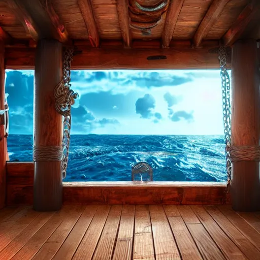 Prompt: pirate ship interior, view of ocean, background, octane render, beautiful, 8 k,