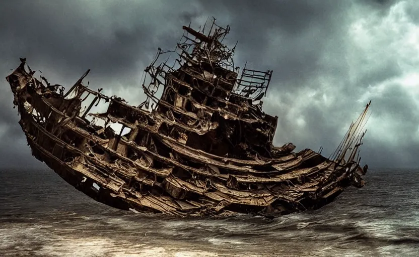 Image similar to “Pirate ship wreck falling from the sky, 4k, cinematic, award winning”