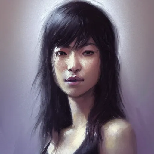 Prompt: Portrait of a woman by Greg Rutkowski, she is about 30 years old, mixture between korean, indian and arabian, pretty, black straigh hair with bangs, attractive, tall and slim, she is wearing a black tank top, highly detailed portrait, scifi, digital painting, artstation, concept art, smooth, sharp foccus ilustration, Artstation HQ